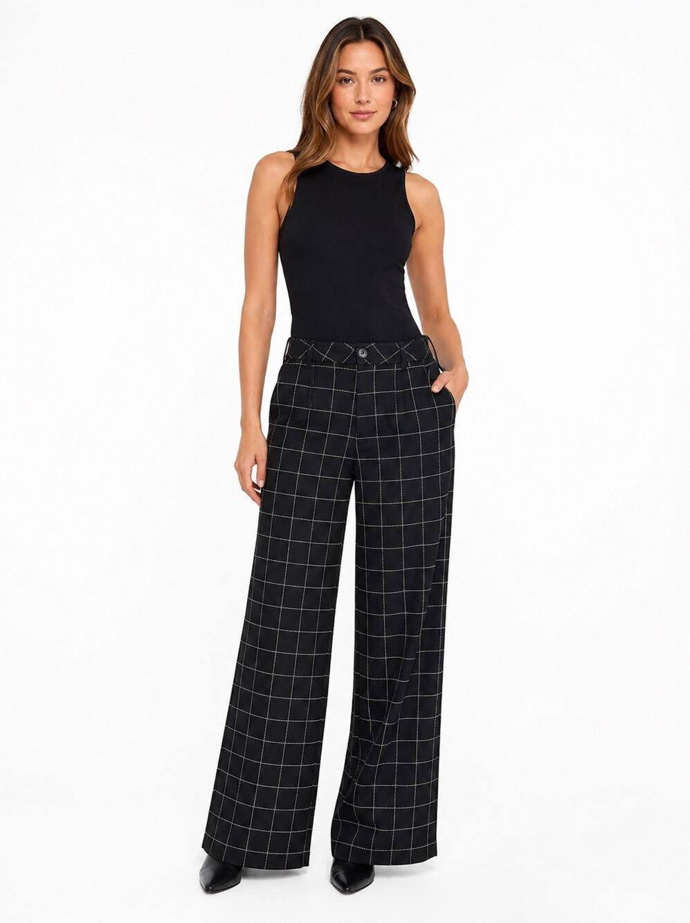 Trina Turk Women’s Size 8 Black Windowpane Plaid Wide Leg Dress Pants USA